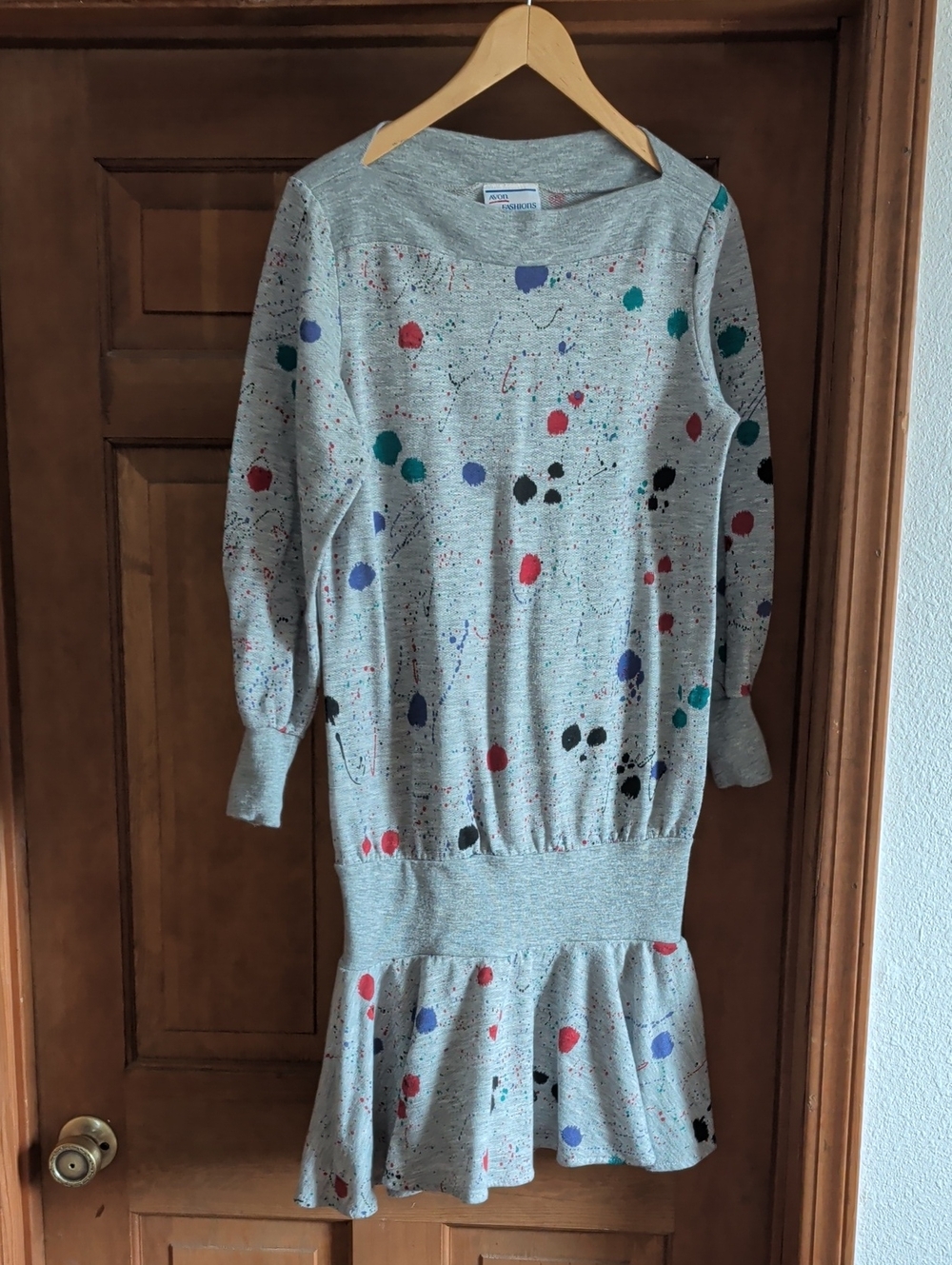 Vintage Avon SOFT Grey Knit Drop-Waist Dress with Multicolor Paint-Splash Dots